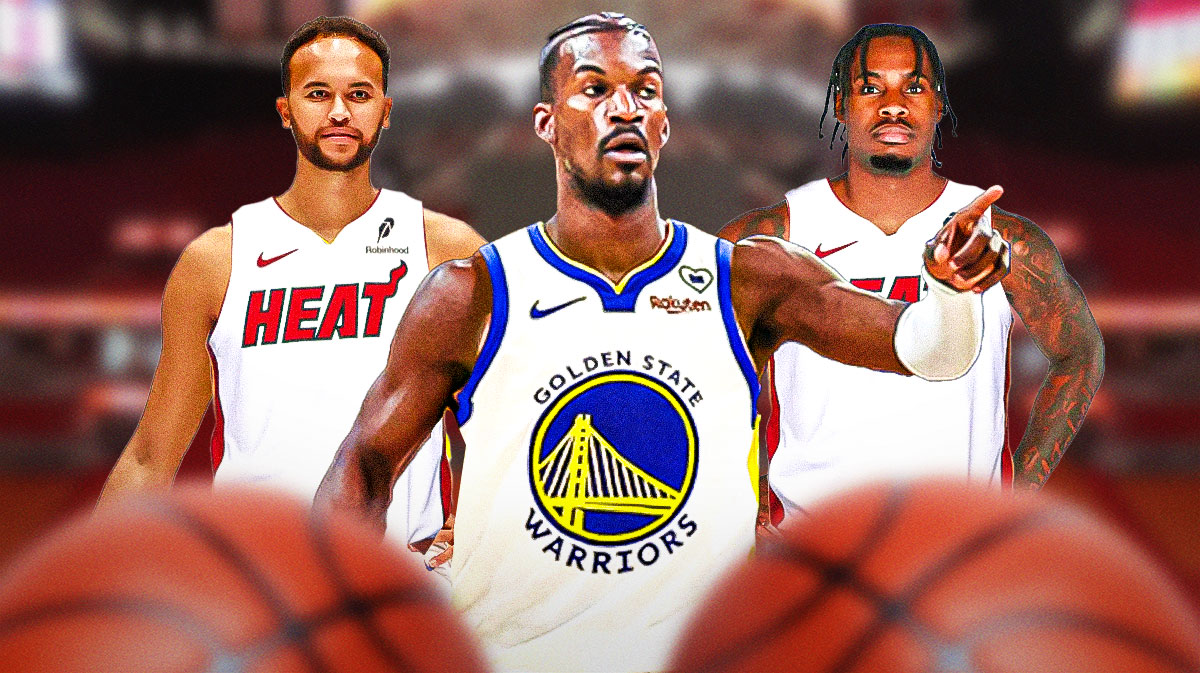 Jimmy Butler on the Warriors in the middle with Miami Heat stars Kyle Anderson and Davion Mitchell on either side in front of Kaseya Center.