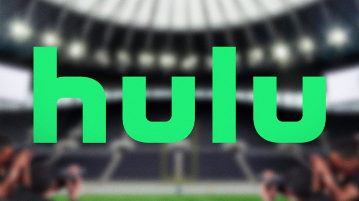 Hulu, where several comedy specials will debut in February, logo in front of NFL football stadium.