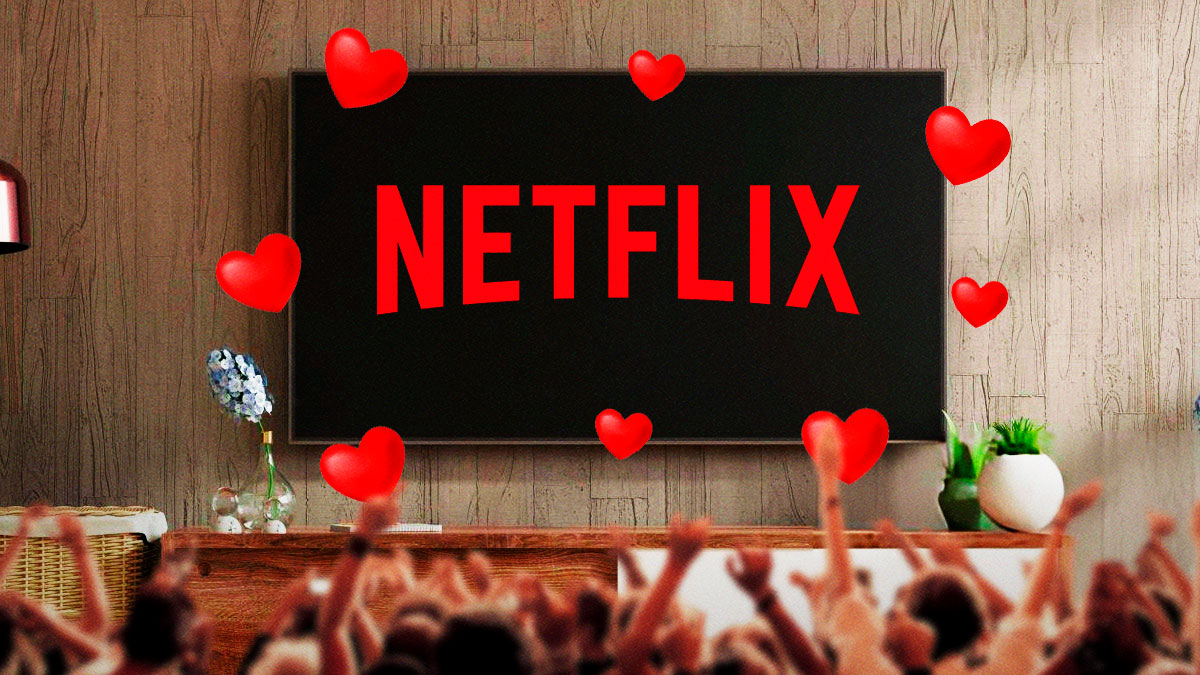 Netflix logo on TV with Valentine's Day hearts around it.
