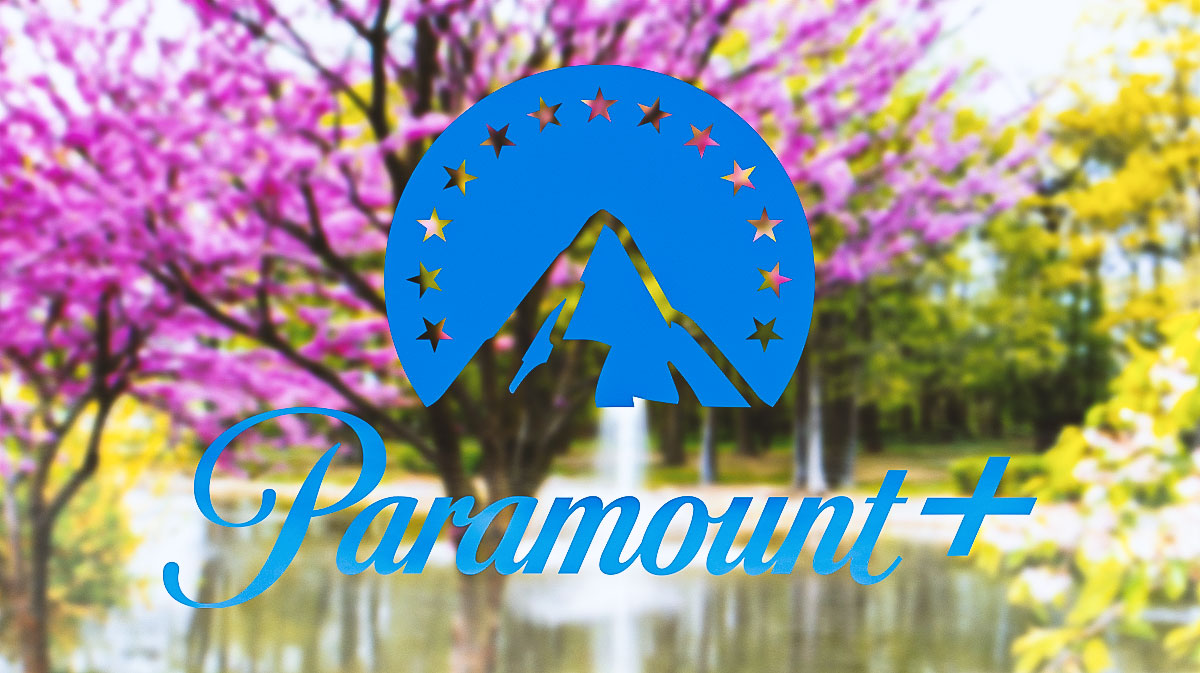Paramount+ logo with spring background to represent March 2025.