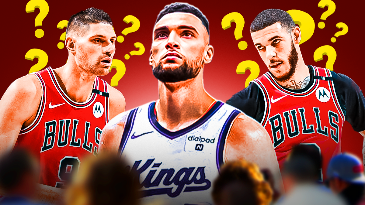 Bulls' Nikola Vucevic and Lonzo Ball with question marks all over them, with Zach LaVine in Kings uniform beside them