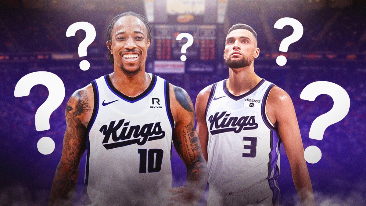 Kings' DeMar DeRozan smiling alongside Zach LaVine (in Kings uniform) with question marks all over