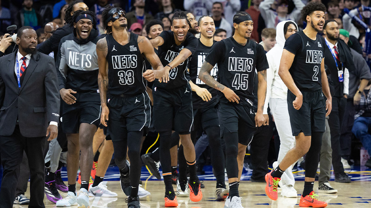 Brooklyn Nets center Nic Claxton (33) celebrates with teammates after hitting a game winning shot against the Philadelphia 76ers as time expired in fourth quarter at Wells Fargo Center.