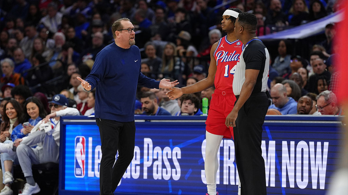 31. January 2025. years; Philadelphia, Pennsylvania, USA; Philadelphia 76ers Chief Coach Nick Sister reacts against Nugget Denver in the second quarter of the Vells Fargo Center.