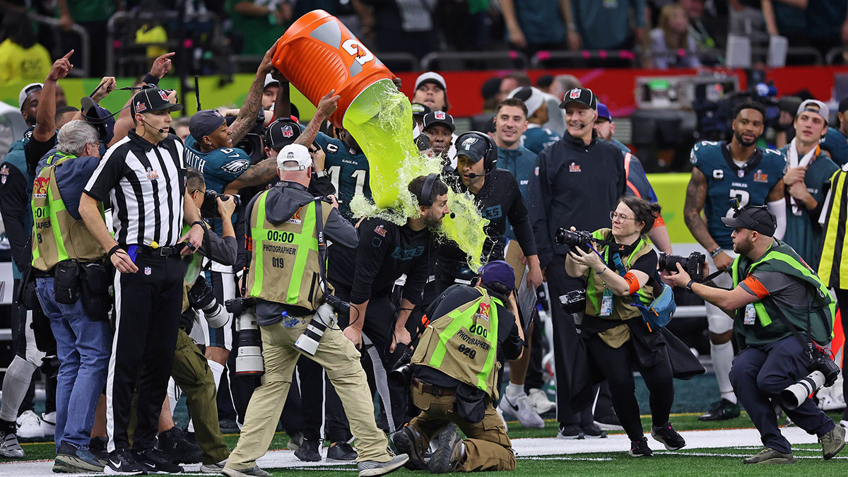 Philadelphia Eagles head coach Nick Sirianni is dunked with gatorade during the second half of Super Bowl LIX at Caesars Superdome.