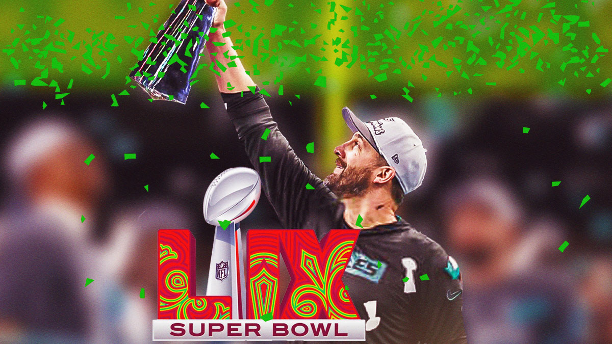 Nick Sirianni. Super Bowl 59. Green confetti falling in the background.
