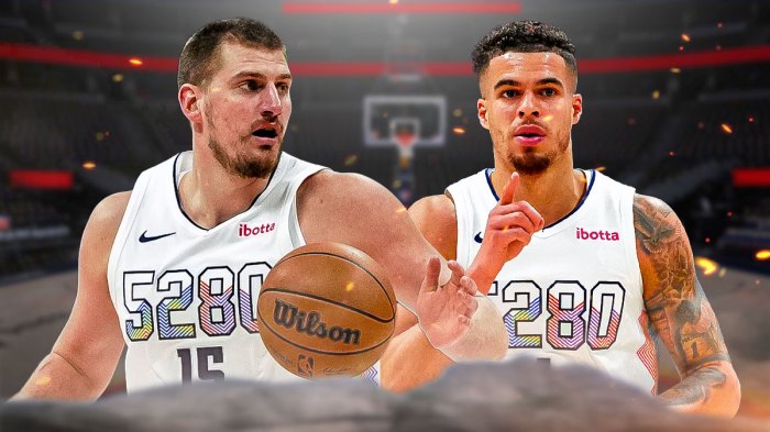 Nuggets' Nikola Jokic and Michael Porter Jr. with flames around them