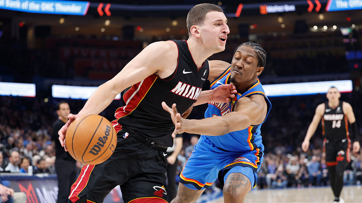 Miami Heat forward Nikola Jovic (5) drives to the basket as Oklahoma City Thunder forward Jalen Williams (8) defends during the second quarter at Paycom Center.