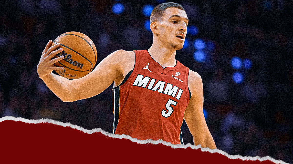 Miami Heat star Nikola Jovic in front of Kaseya Center.