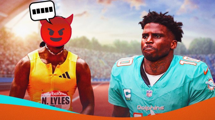 Olympic sprinter Noah Lyles with 😈 emoji over his face standing next to Dolphins WR Tyreek Hill. Above Lyles' head is a speech bubble with "..." inside. Background is Olympic track.
