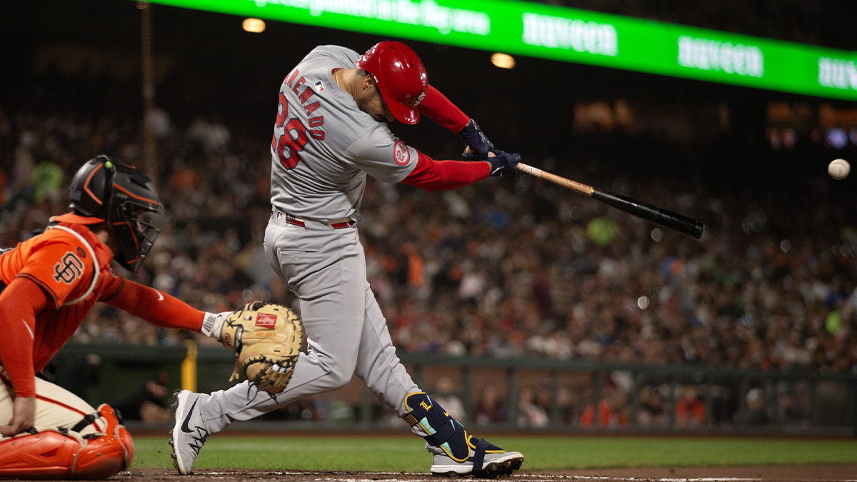 St. Louis Cardinals Third basic Nolan Arenado (28) hit double against Giants San Francisco during the fourth Inning in Oracle Park.