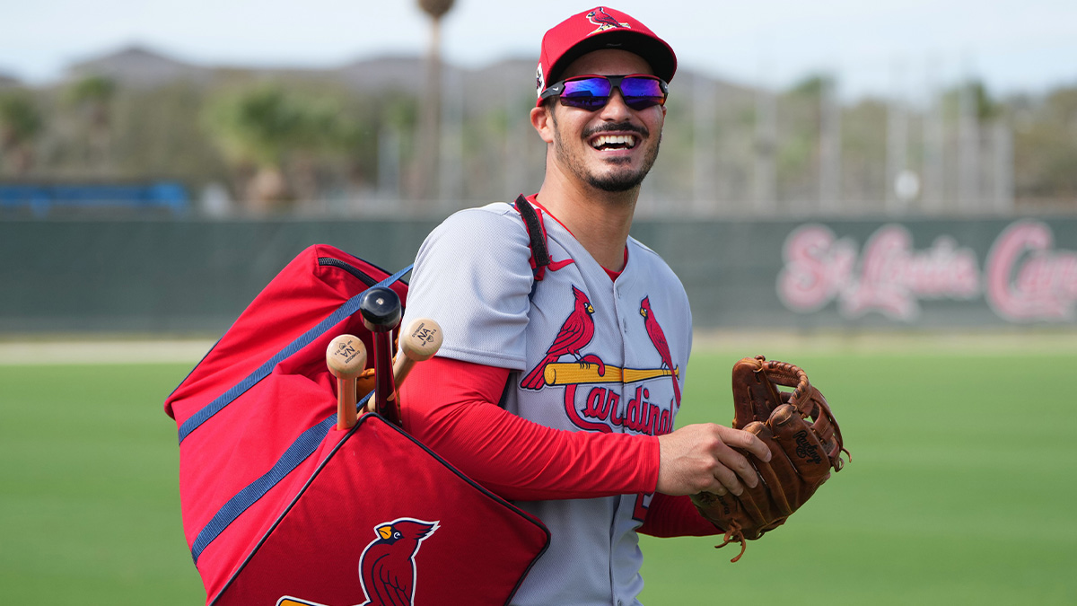 St. Louis Cardinals third base Nolan Arenado (28) laughs as he heads off to a workout station at spring training.