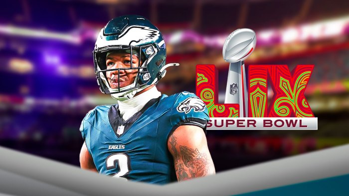 Eagles, Eagles tush push, Chiefs, Super Bowl, Nolan Smith, Nolan Smith with Caesers super dome in the background, this year's Super Bowl logo on graphic