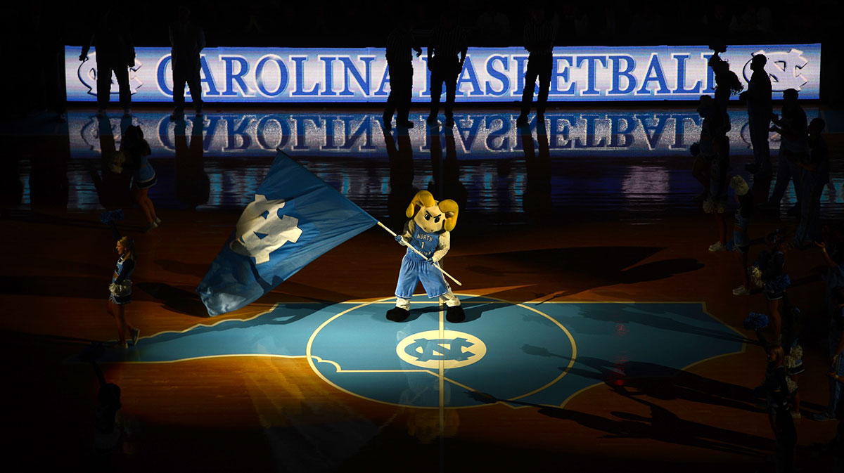North Carolina Tar Heels mascot waves a flag before the game at Dean E. Smith Student Activities Center.