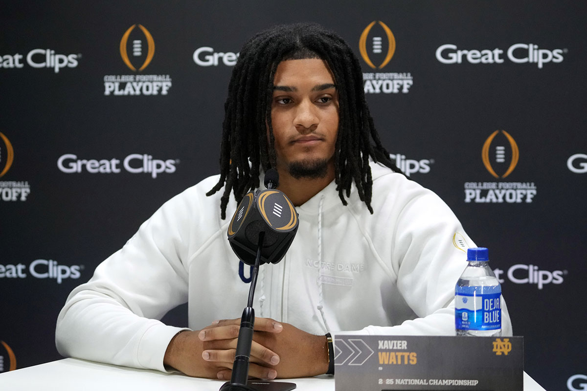 Notre Dame Fighting Irish safety Xavier Watts (0) during 2025 CFP National Championship Media Day at Georgia World Congress Center, Building A.