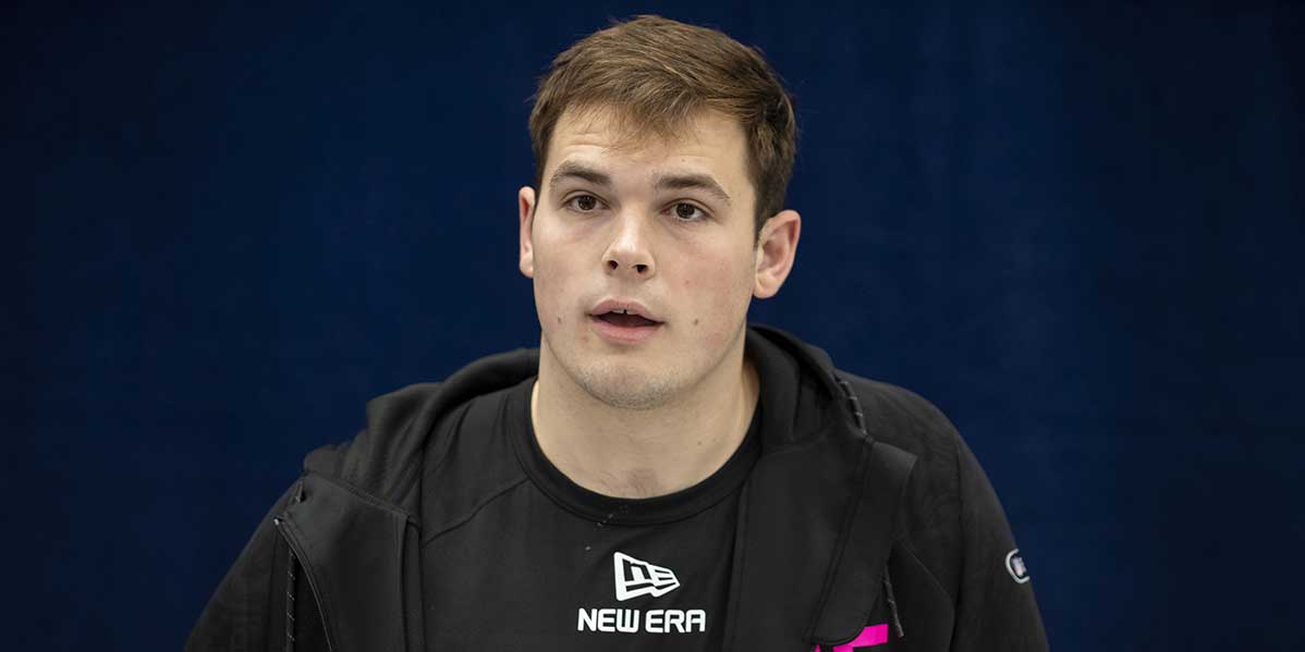 Feb 27, 2025; Indianapolis, IN, USA; Notre Dame tight end Mitchell Evans (TE06) during the 2025 NFL Combine at Lucas Oil Stadium