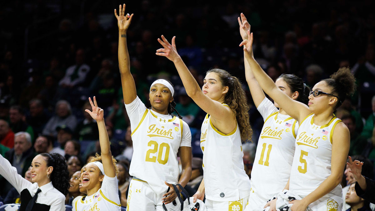 Notre Dame's bench reacts to a made three point shot during a NCAA women's basketball game between Notre Dame and Stanford at Purcell Pavilion on Thursday, Feb. 6, 2025, in South Bend.