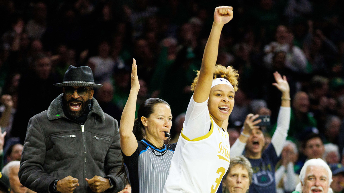 Notre Dame guard Hannah Hidalgo (3) celebrates making a three point shot during a NCAA women's basketball game between No. 1 Notre Dame and No. 11 Duke.