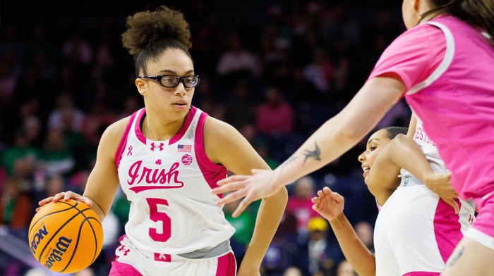 Notre Dame women's basketball guard Olivia Miles (5) drives to the basket during a NCAA women's basketball game between No. 3 Notre Dame and No. 21 California.