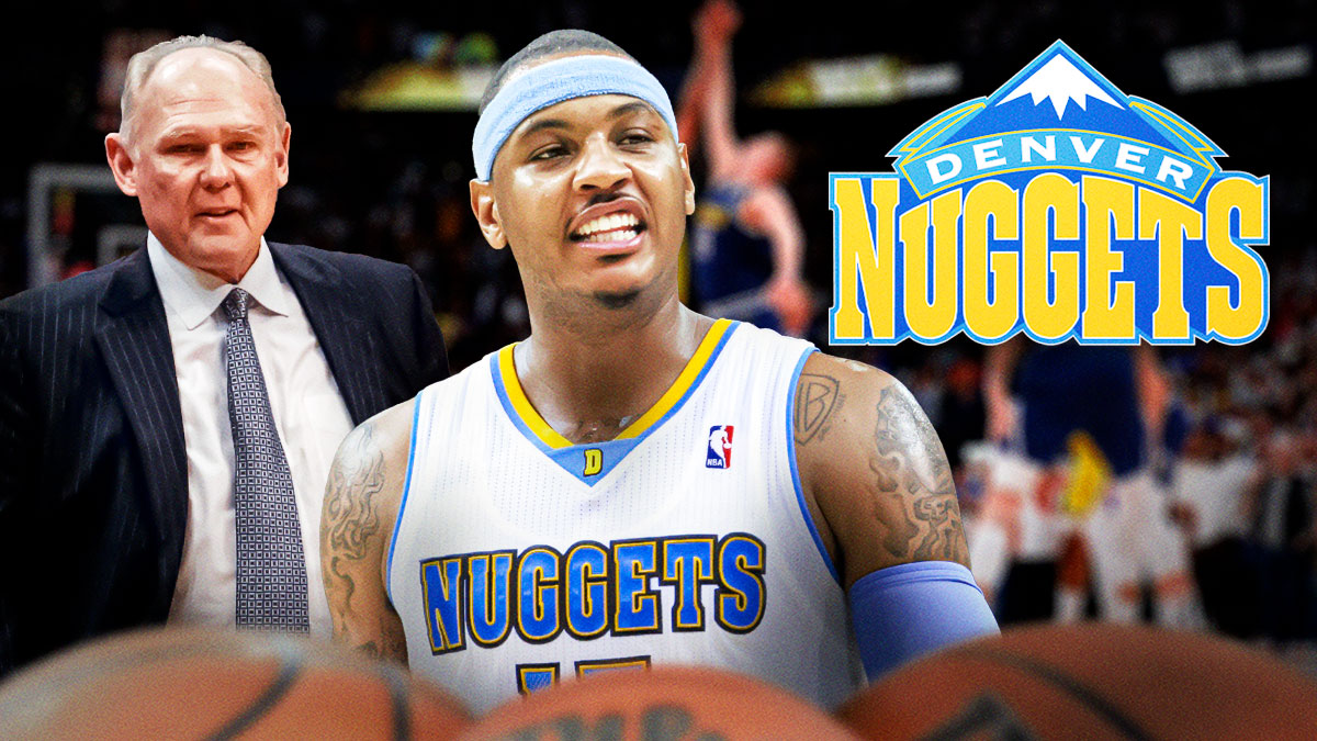 Carmelo Anthony and George Karl in the image, along with the old Denver Nuggets logo from the 2007-08 season.