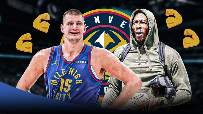 Dwight Howard, Nikola Jokic, Denver Nuggets logo in background, muscles symbols surrounding Howard and Jokic