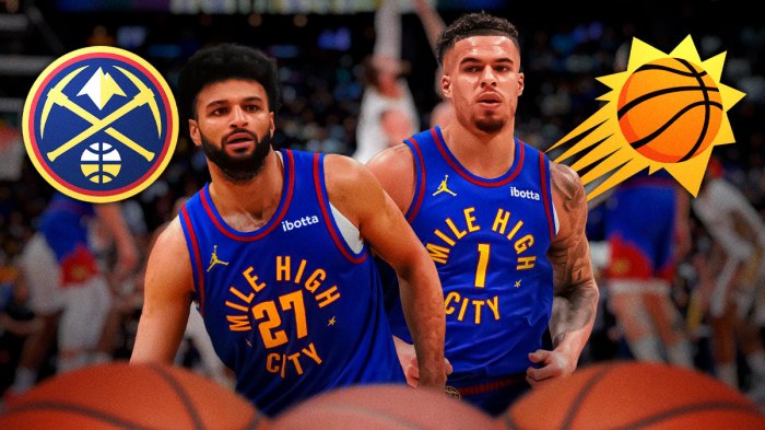 Nuggets Jamal Murray and Nuggets Michael Porter Jr with Denver Nuggets and Phoenix Suns logos in background