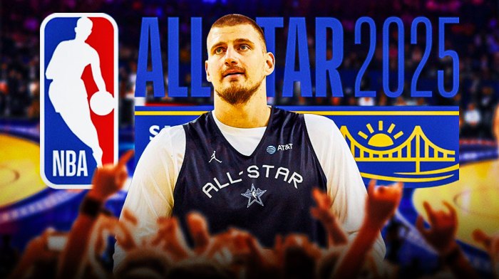 Denver Nuggets player Nikola Jokic and the 2025 NBA All-Star Game logo