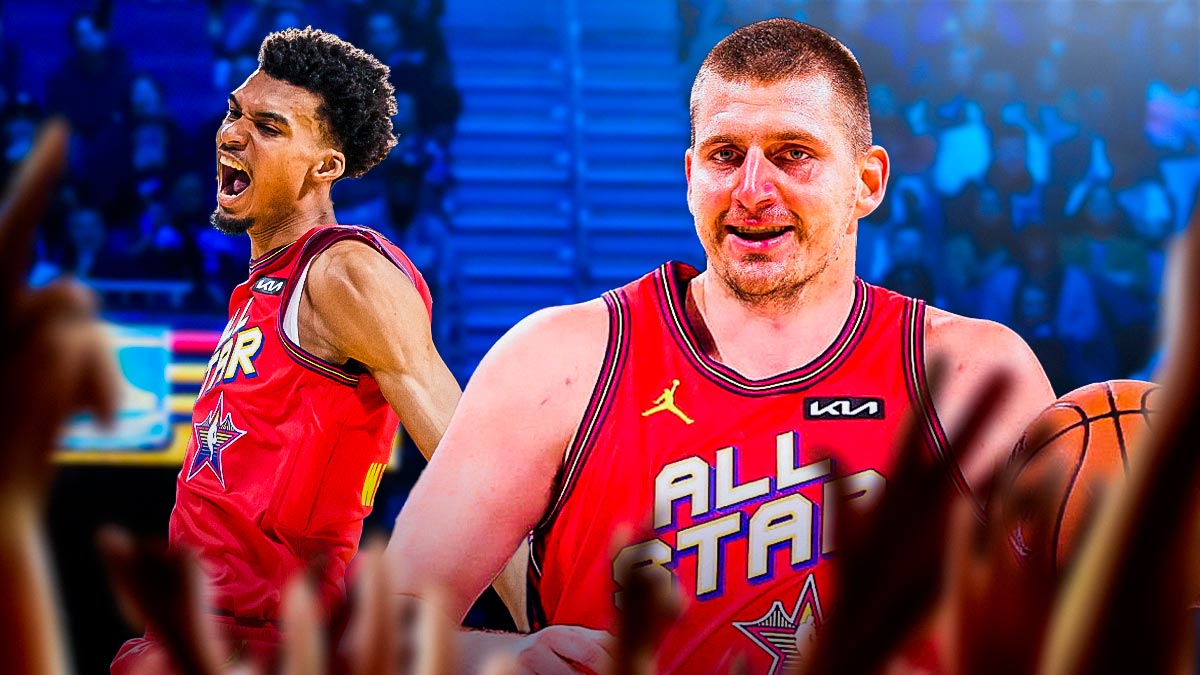 Jokic smiling at Wemby both in All-Star gear.