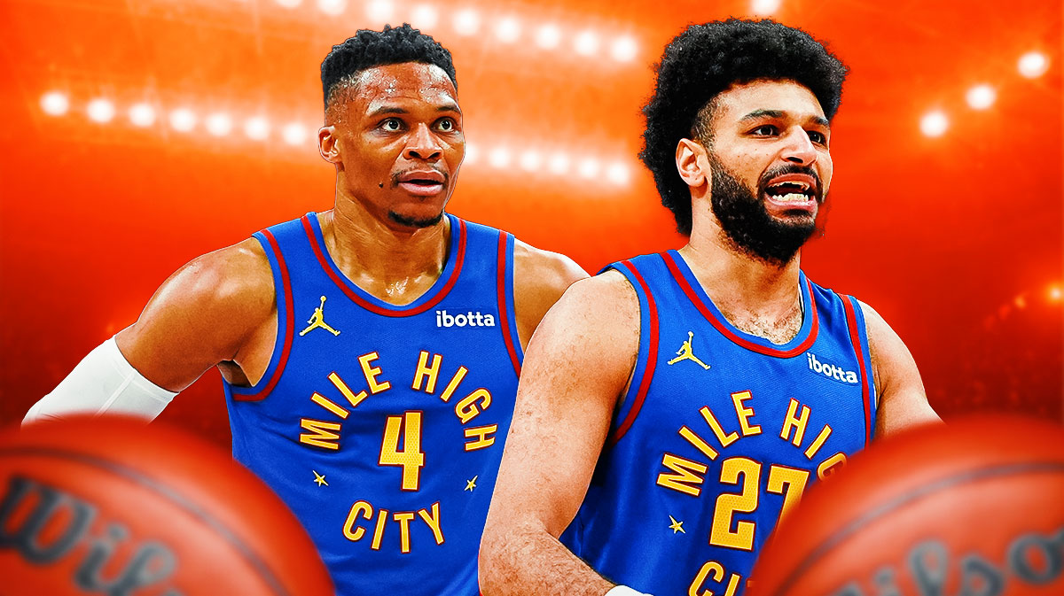 Denver Nuggets stars Russell Westbrook and Jamal Murray in front of Ball Arena.