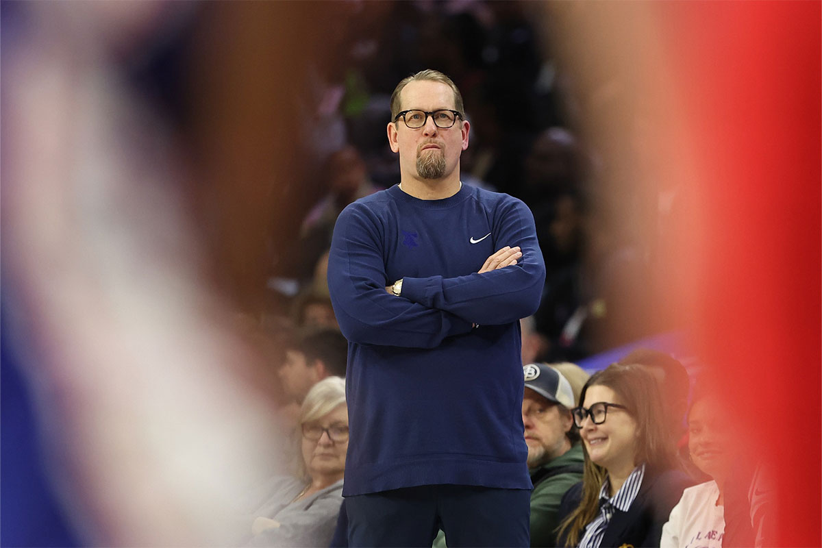 Philadelphia 76ers head coach Nick Nurse looks on during the third quarter against the Chicago Bulls at Wells Fargo Center.