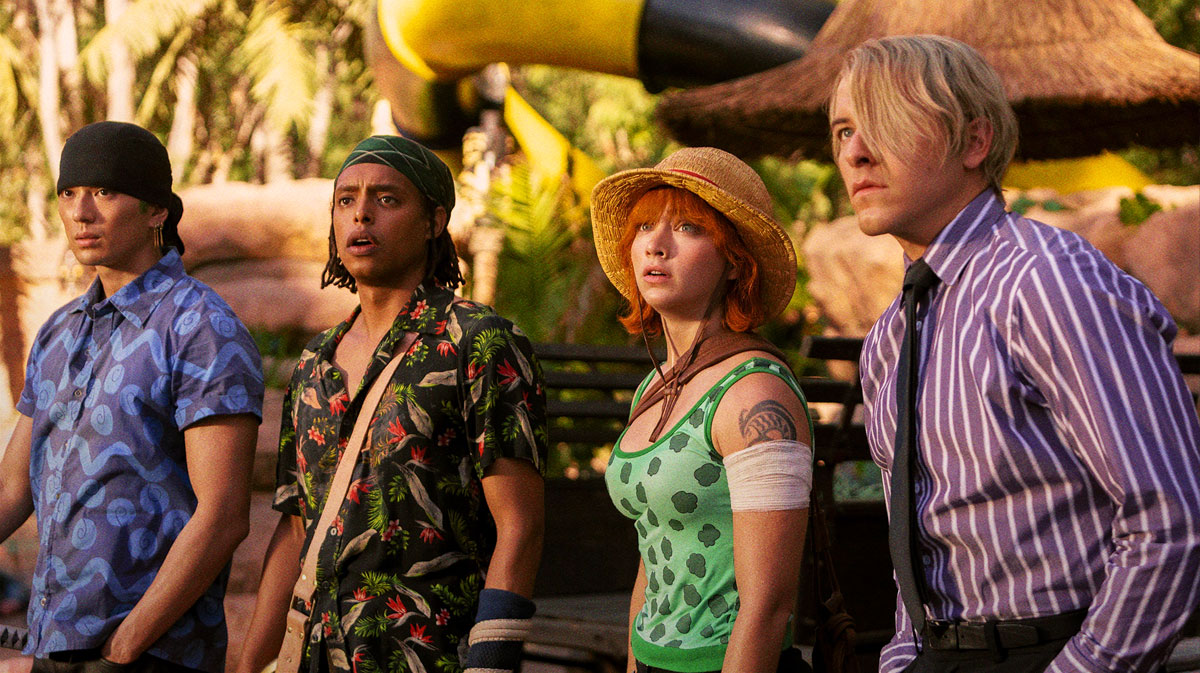 Mackenyu Arata, Jacob Romero Gibson, Emily Rudd, and Taz Skylar in Netflix's One Piece.