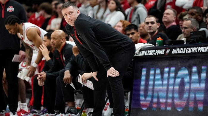 Ohio State Buckeyes head coach Jake Diebler watches from the bench during the NCAA men's basketball game against the Washington Huskies at Value City Arena in Columbus on Feb. 13, 2025. Ohio State won 93-69.