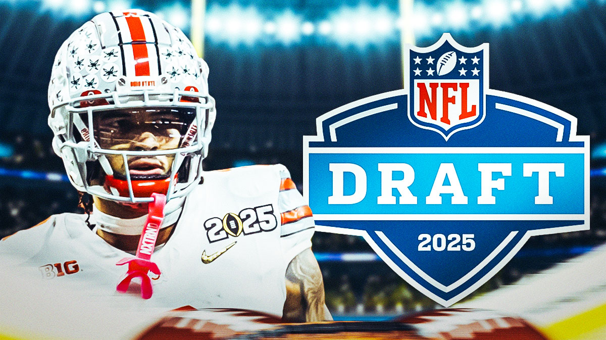 Emeka Egbuka, Ohio State football, NFL Draft, Steelers, Emeka Egbuka Steelers, Emeka Egbuka in Ohio State uni, Steelers logo and 2025 NFL Draft logo on graphic, football background