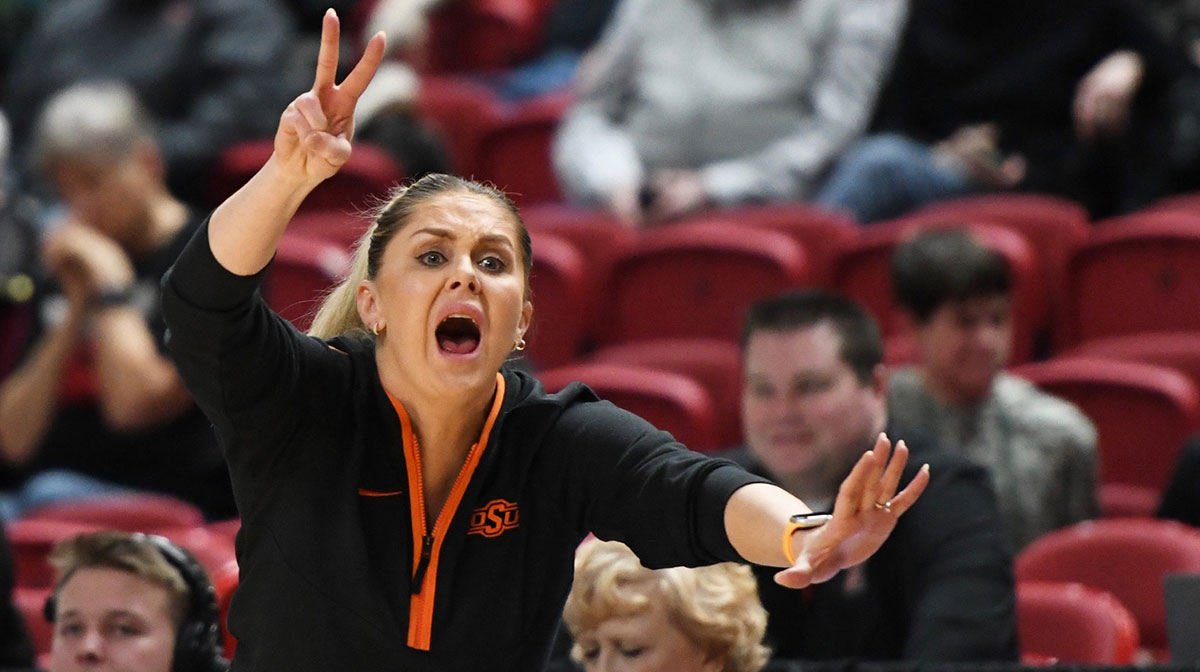Oklahoma State women's basketball coach Jacie Hoyt instructs her team against Texas Tech in a Big 12 women's basketball game.