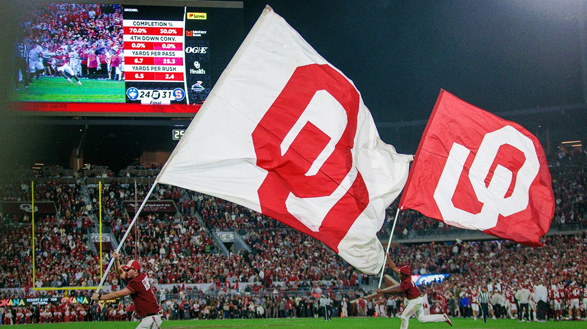 Oklahoma Sooners flags on the field after a touchdown during the fourth quarter against the Alabama Crimson Tide at Gaylord Family-Oklahoma Memorial Stadium.