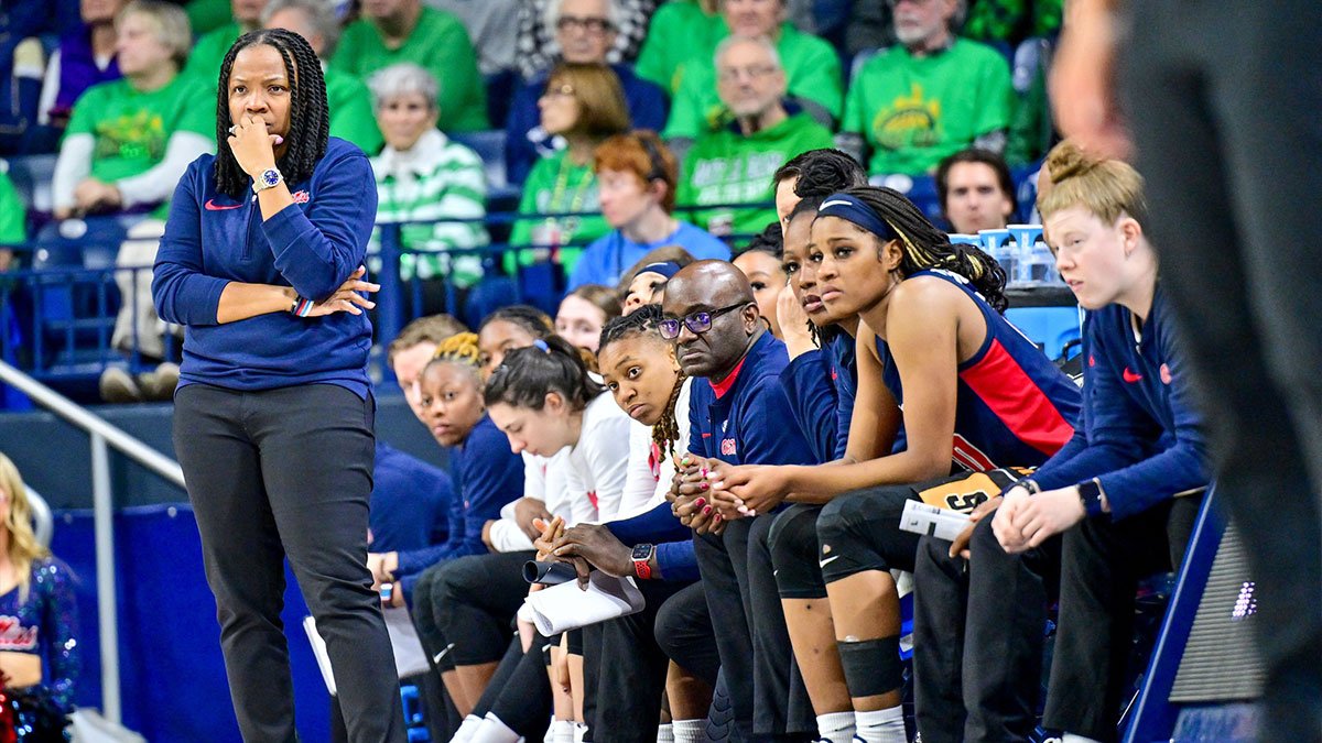 Ole Miss Rebels head coach Yolett McPhee-McCuin watches in the second half against the Notre Dame Fighting Irish in the NCAA Tournament second round game.