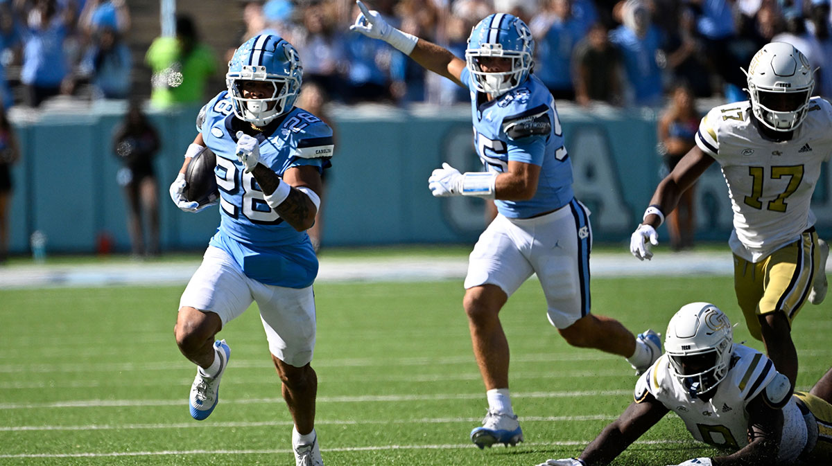 North Carolina Tar Heels running back Omarion Hampton (28) runs for a touchdown in the third quarter at Kenan Memorial Stadium.