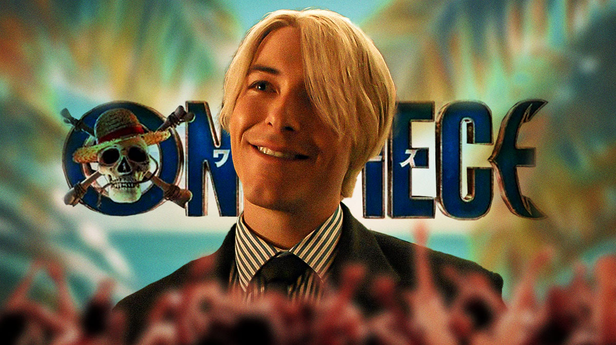 Taz Skylar, who will return in One Piece Season 2, in Netflix's live-action series and the logo behind him.