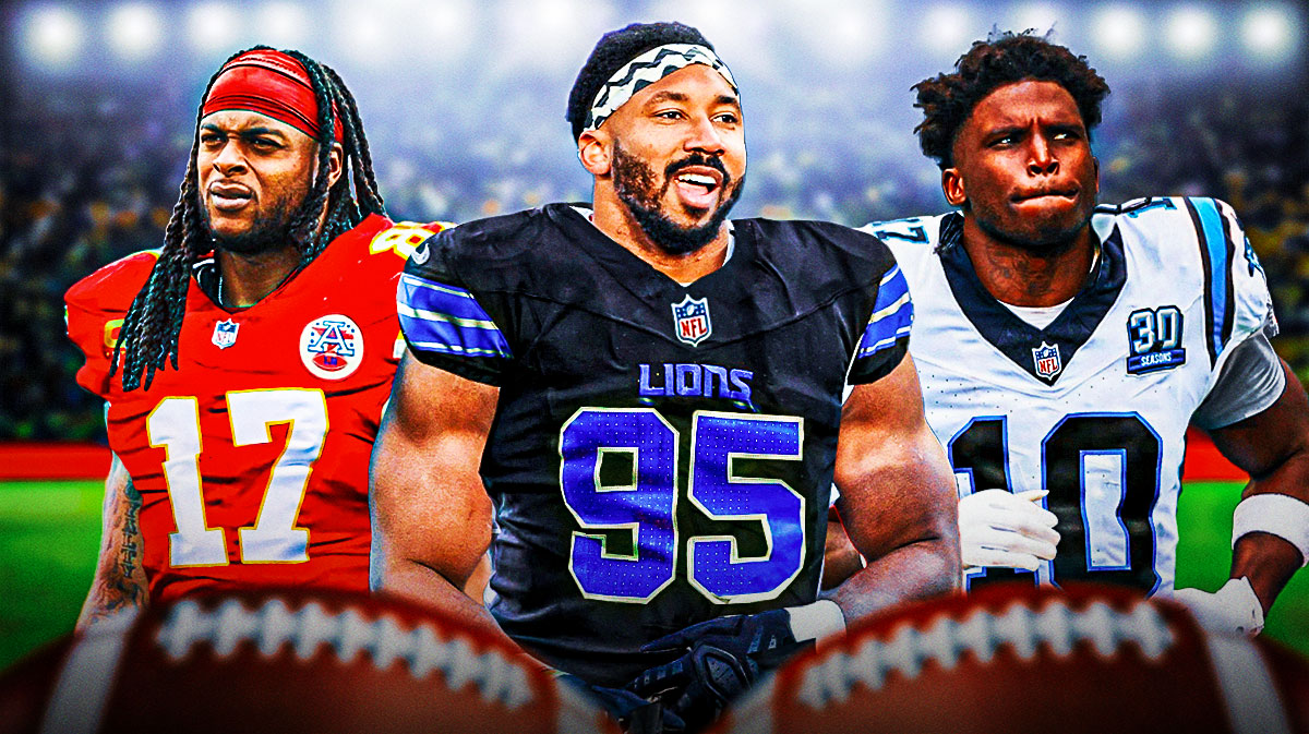 Tyreek Hill photoshopped in a Panthers jersey, Myles Garrett photoshopped in a Lions jersey, Davante Adams photoshopped in a Chiefs jersey.