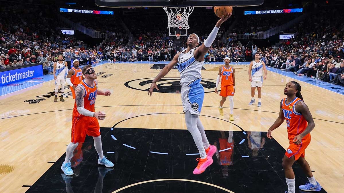 Atlanta Hawks forward Onyeka Okongwu (17) shoots against the Oklahoma City Thunder in the first half at State Farm Arena. 