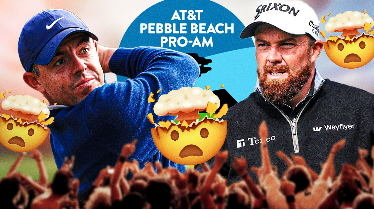 Rory McIlroy and Shane Lowry. Pebble Beach Pro Am logo behind them. 🤯 emojis all around