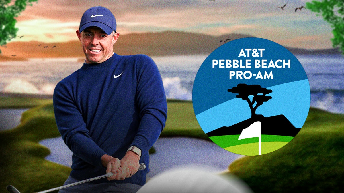 Rory McIlroy celebrating next to Pebble Beach Pro Am logo