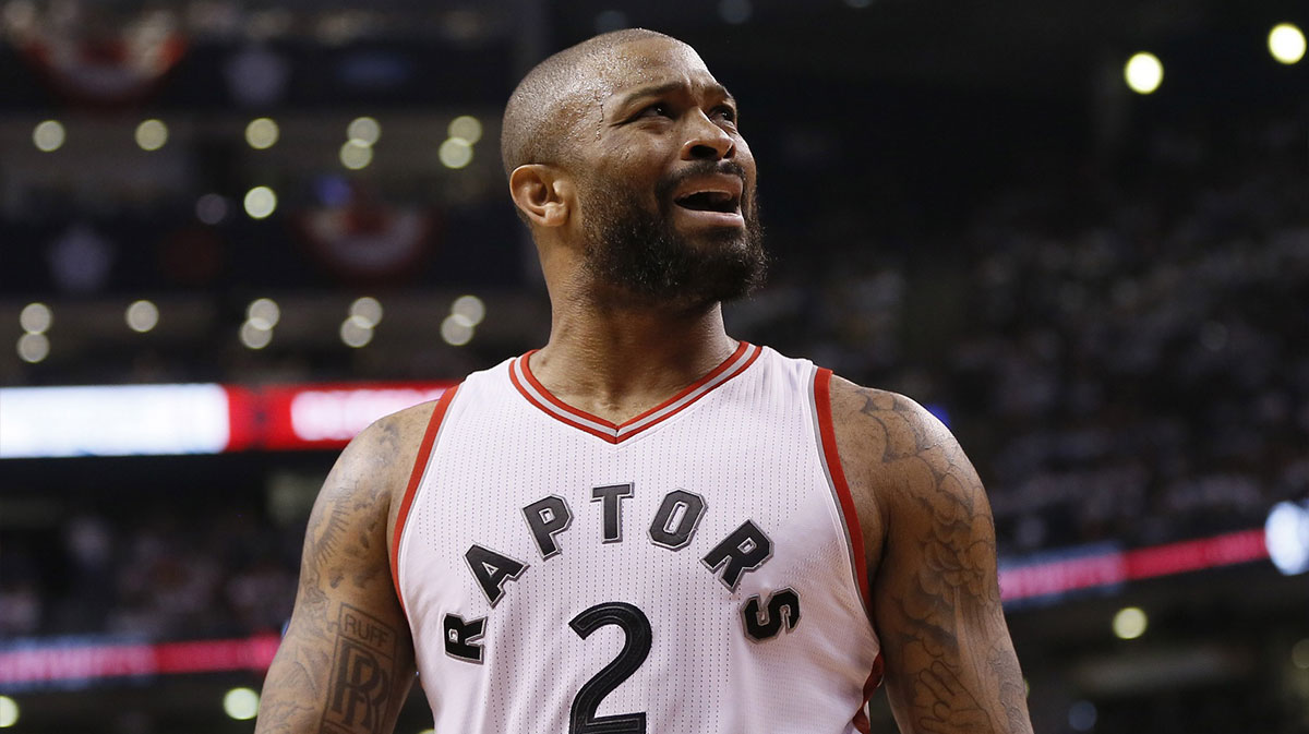 Toronto Raptors forward PJ Tucker (2) reacts after a call during game three of the second round of the 2017 NBA Playoffs against the Cleveland Cavaliers at Air Canada Centre.