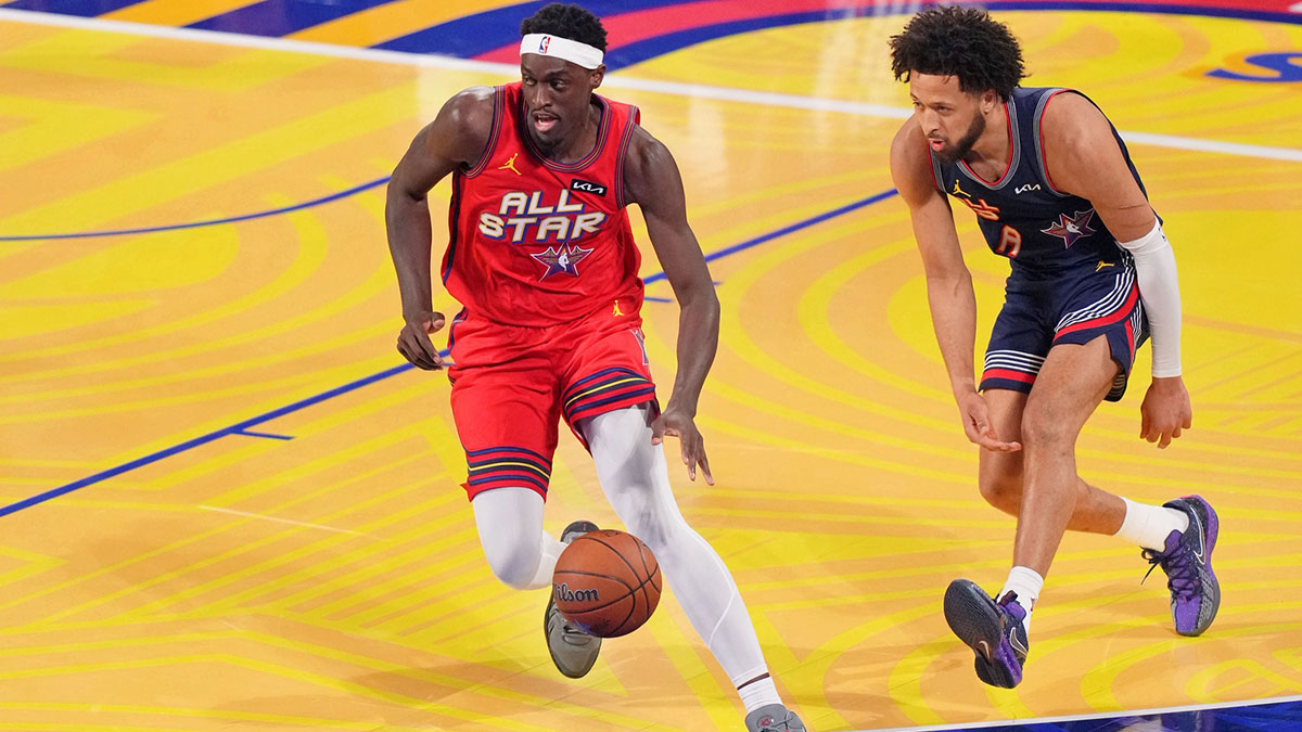 Chuckis Global Stars Forward Pascal Siakam (43) Indiana Pacers Driblive Ball vs. Kenniis Young Stars Guard Cade Cunningham (2) The Detroit Pistons During 2025 NBA All Star Game at Chase Center