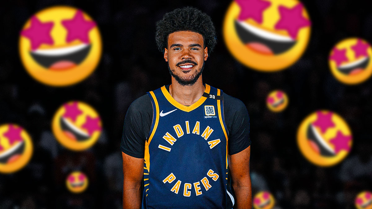 Cam Johnson in the middle in a Pacers uniform, wallpaper in the background, 🤩 emoji all around