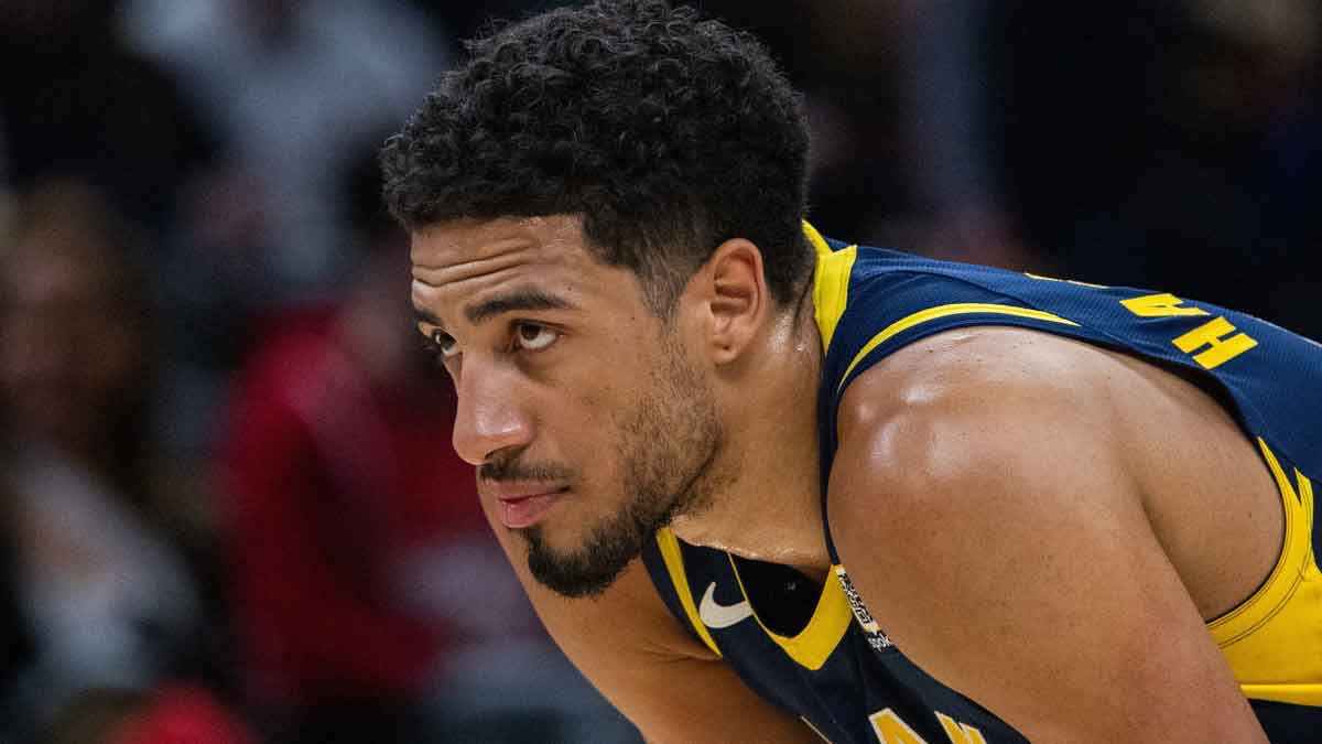 Pacers guard Tyrese Haliburton looks on