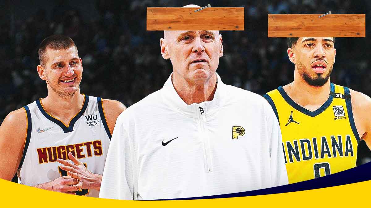 Nuggets' Nikola Jokic laughing, with Pacers' Rick Carlisle and Tyrese Haliburton both with plank on head