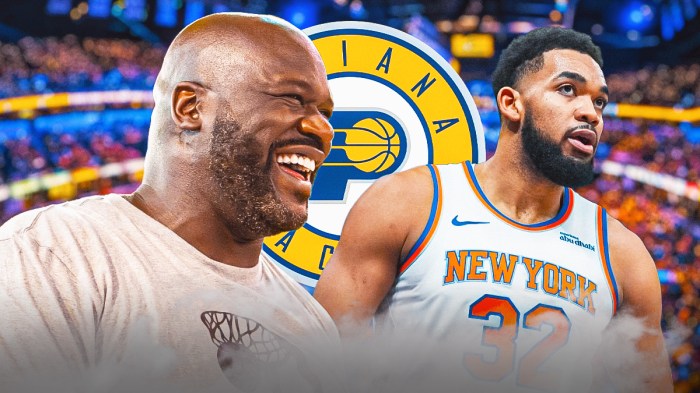 Shaquille O'Neal, Pacers, Knicks' Karl-Anthony Towns, Gainbridge Fieldhouse in back