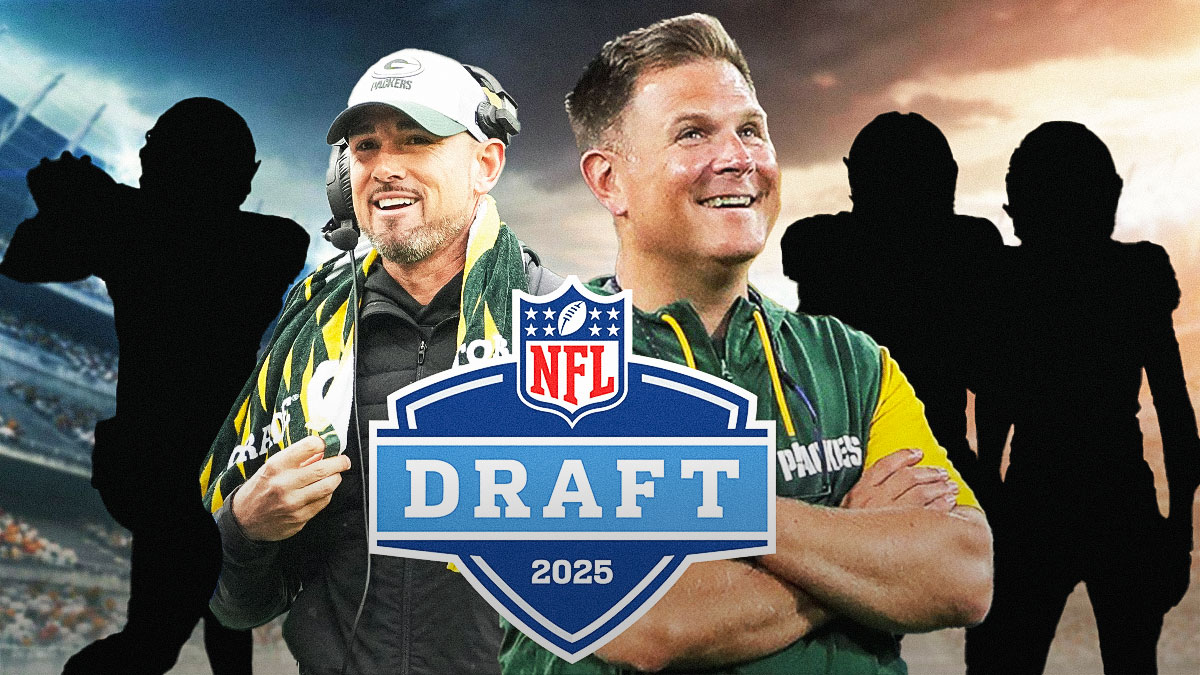 Packers GM Brian Gutekunst and HC Matt LaFleur both smiling. 2025 NFL Draft logo in foreground or background. Grouped together, please put a SILHOUETTE of Texas WR Matthew Golden, an actual photo of Ole Miss WR Tre Harris, and a SILHOUETTE of UCLA LB Carson Schwesinger. Background is NFL Draft stage.
