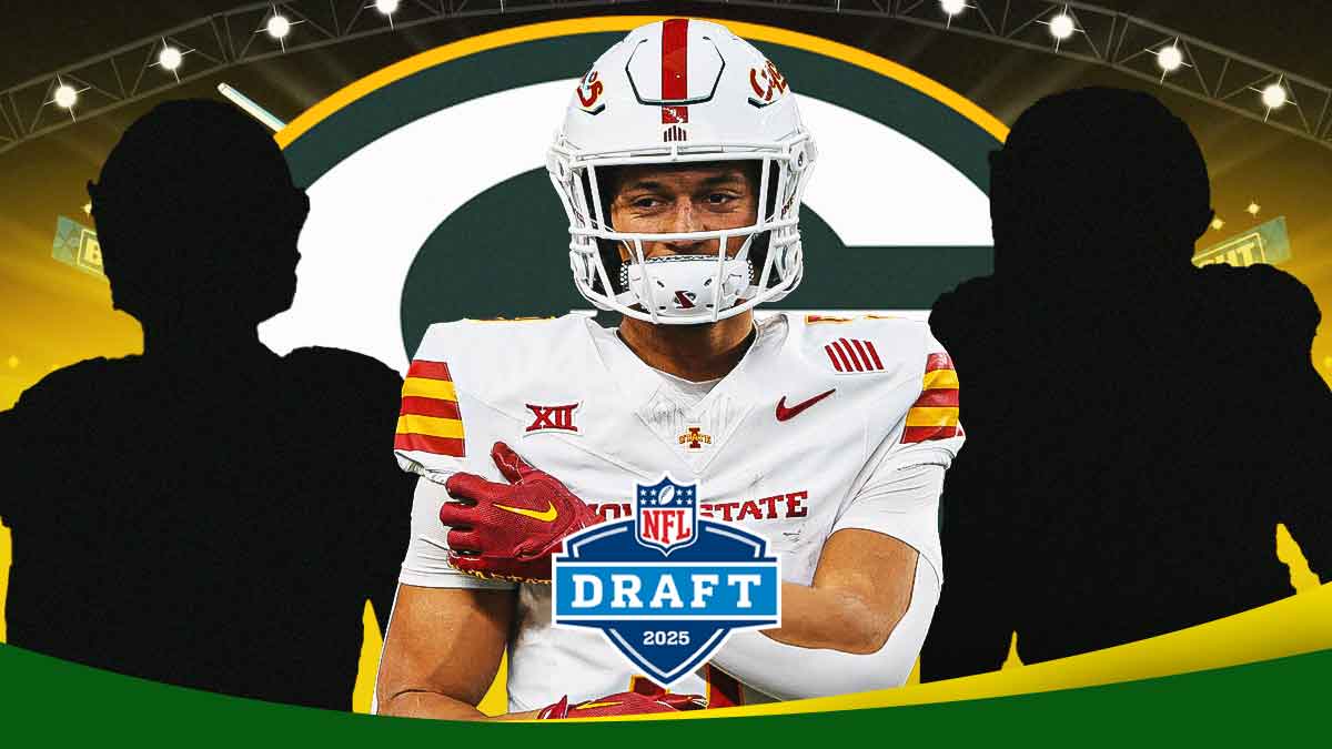 Big packers logo behind in background, 2025 NFL Draft logo in foreground. Grouped together, SILHOUETTE of Notre Dame CB Benjamin Morrison, an actual photo of Iowa State WR Jayden Higgins, and a SILHOUETTE of Georgia C Jared Wilson. Background is NFL Draft stage.